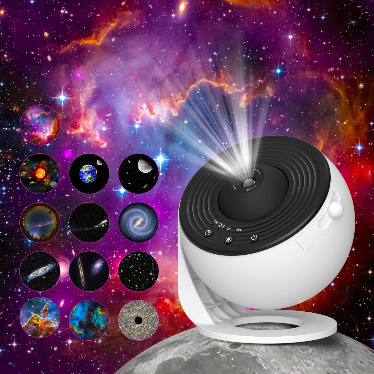 Projecteur planétarium GalaxyDream projetant une galaxie colorée, avec ses disques